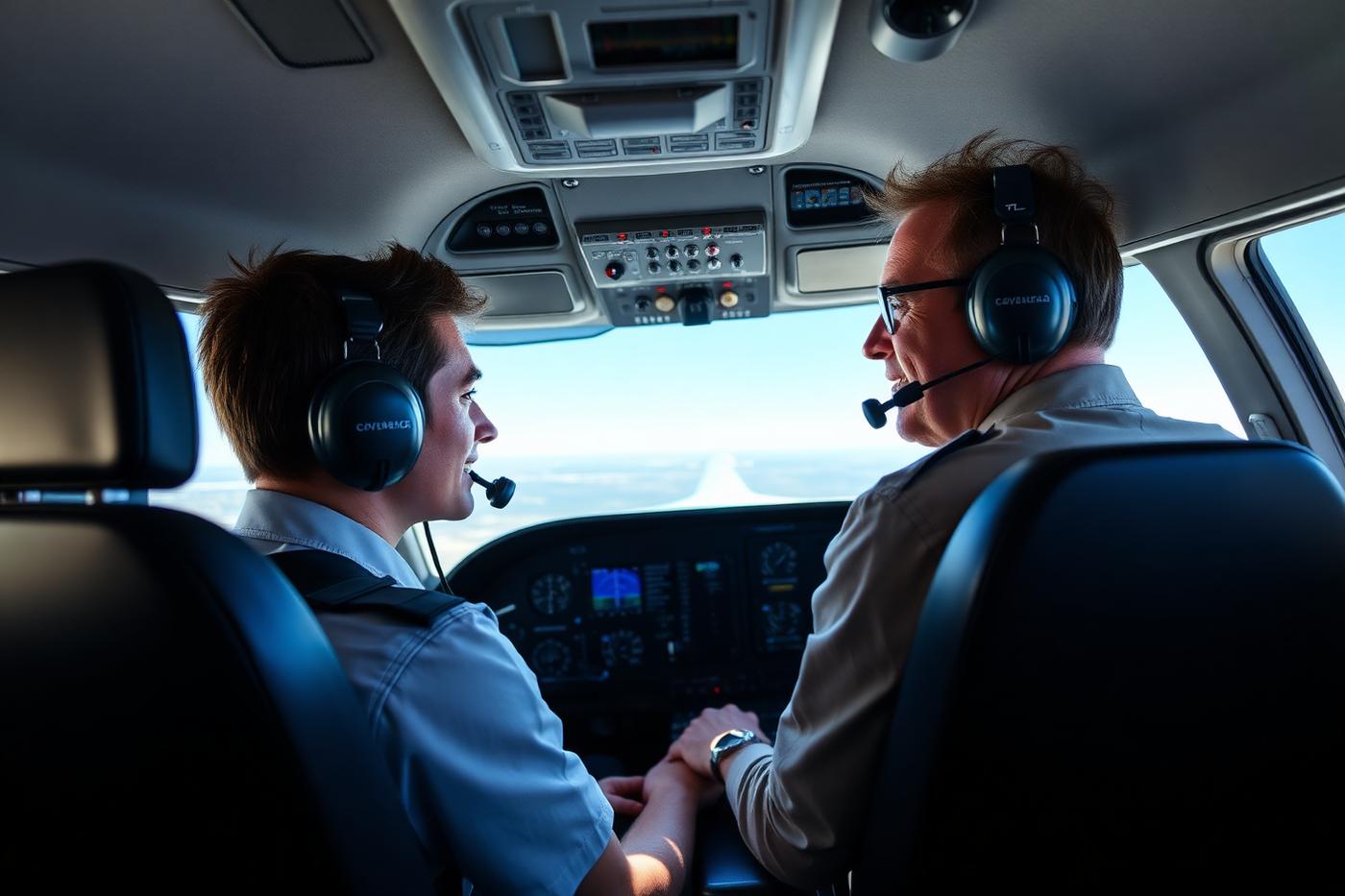 Instructor and student pilot in a training cockpit