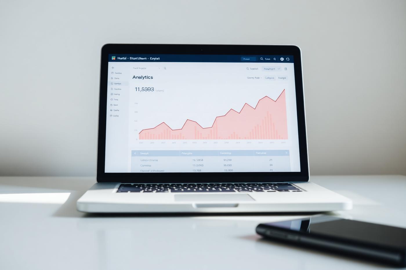 Laptop showing an SEO analytics dashboard with rising traffic